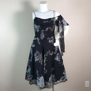 LAPIS NAVY FLORAL DRESS W/ FLOWY SHOULDER DETAIL